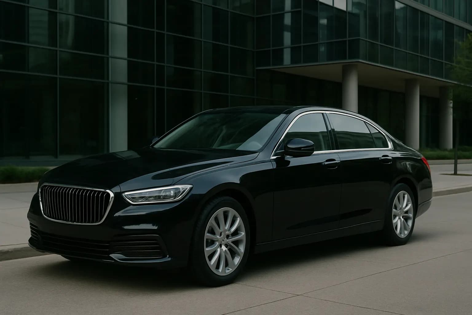 Premium black sedan parked outside a modern glass office building